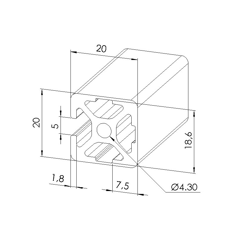 Schéma cotes - Profilé aluminium (Barre de 3 m) – Rainure 5 mm – Section 20x20 mm - 3N - Elcom shop