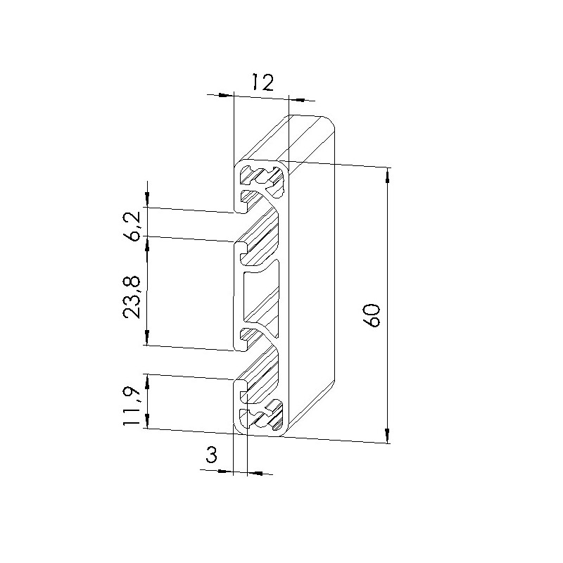 Schéma cotes - Profilé aluminium (Barre de 3 m) – Rainure 6 mm – 60x12 mm – Léger - Elcom shop