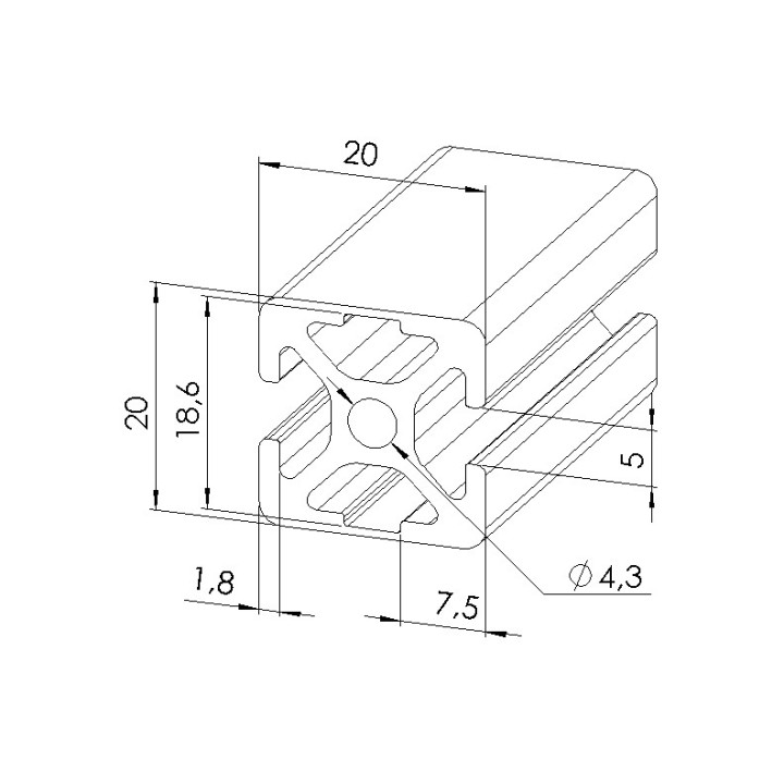 Schéma cotes - Profilé aluminium (Barre de 3 m) – Rainure 5 mm – Section 20x20 mm - 2N180 - Elcom shop
