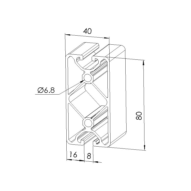 Schéma cotes - Profilé aluminium (Barre de 6 m) – 8 mm – 80x40 mm – 4N180 - Economique - Elcom shop