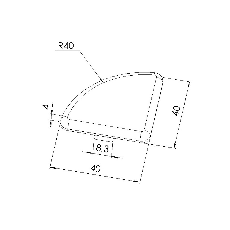 Schéma cotes - Embout profilé aluminium - Rainure 8 mm – Section R40-90° - Noir - Elcom shop