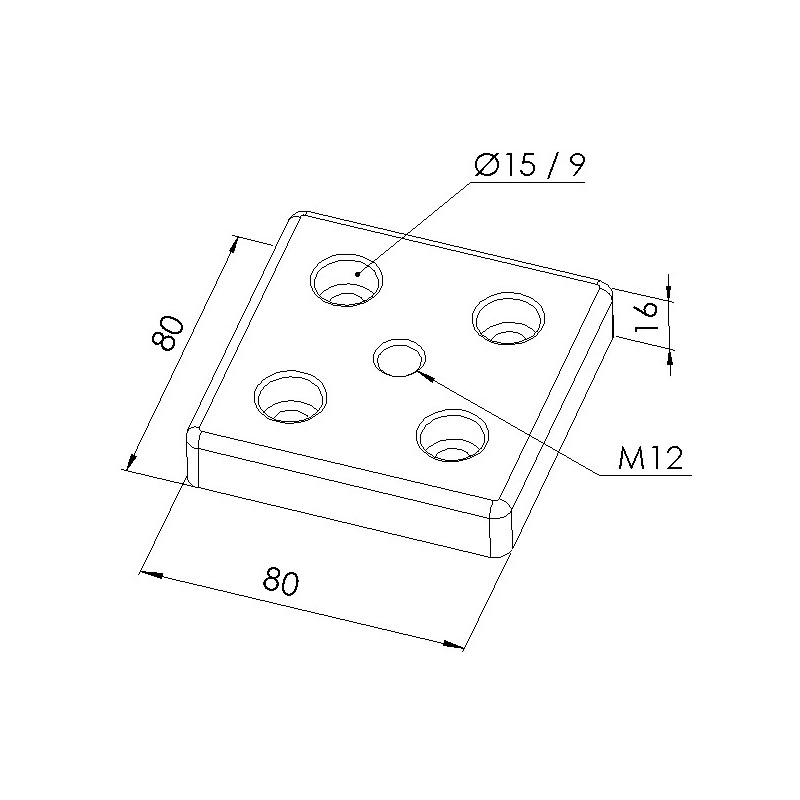 Schéma cotes - Plaque de base profilé aluminium – Section 80x80 mm – Taraudage M12 - Elcom shop