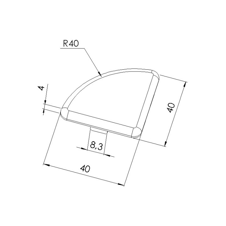 Schéma cotes - Embout profilé aluminium - Rainure 8 mm – Section R40-90° - Gris - Elcom shop