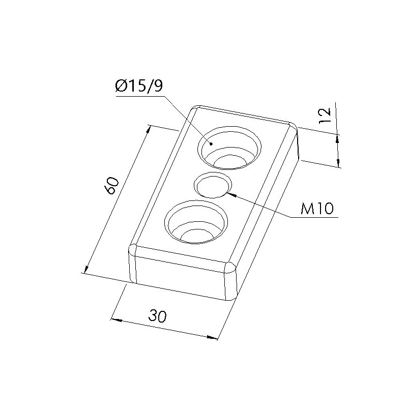 Schéma cotes - Plaque de base profilé aluminium – 8 mm - Section 60x30 mm – Taraudage M10 - Elcom shop