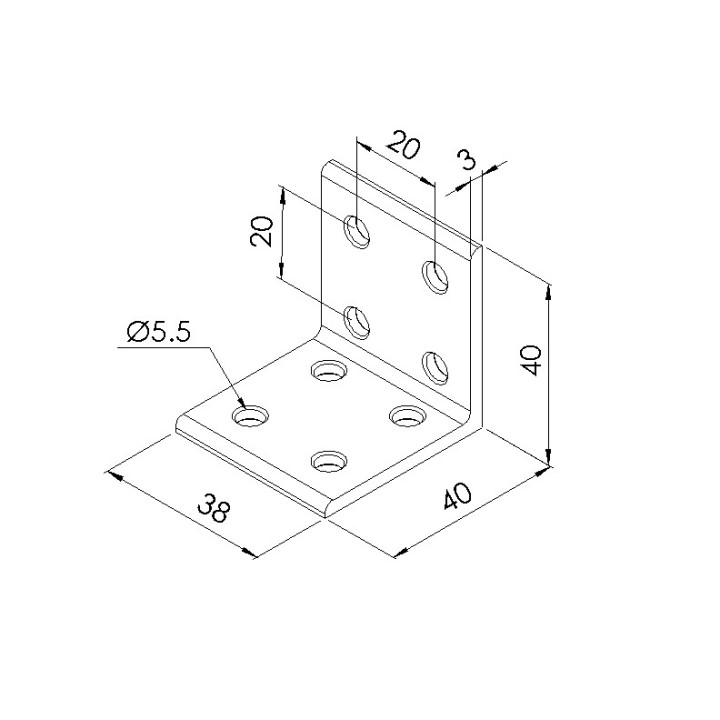 Schéma cotes - Equerre d’assemblage profilé aluminium V8 – Section 40x40 mm - Elcom shop
