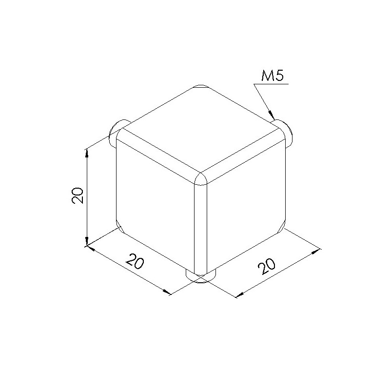 Schéma cotes - Kit raccord d’angle cube profilé aluminium – 5 mm – 20x20x20 mm – Noir - Elcom shop