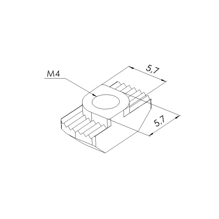 Schéma cotes - Ecrou à tête rectangulaire 6 profilé – Taraudage M4 – rainure 6 mm - Elcom shop