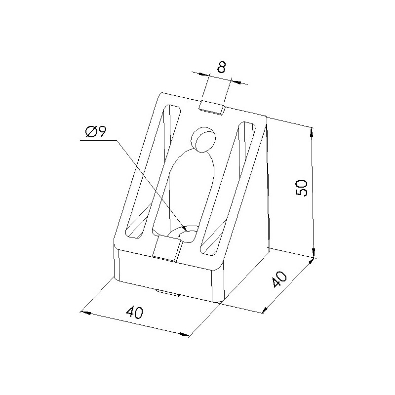 Schéma cotes - Equerre de renfort profilé aluminium – Rainure 8 mm – 40-45° - Elcom shop