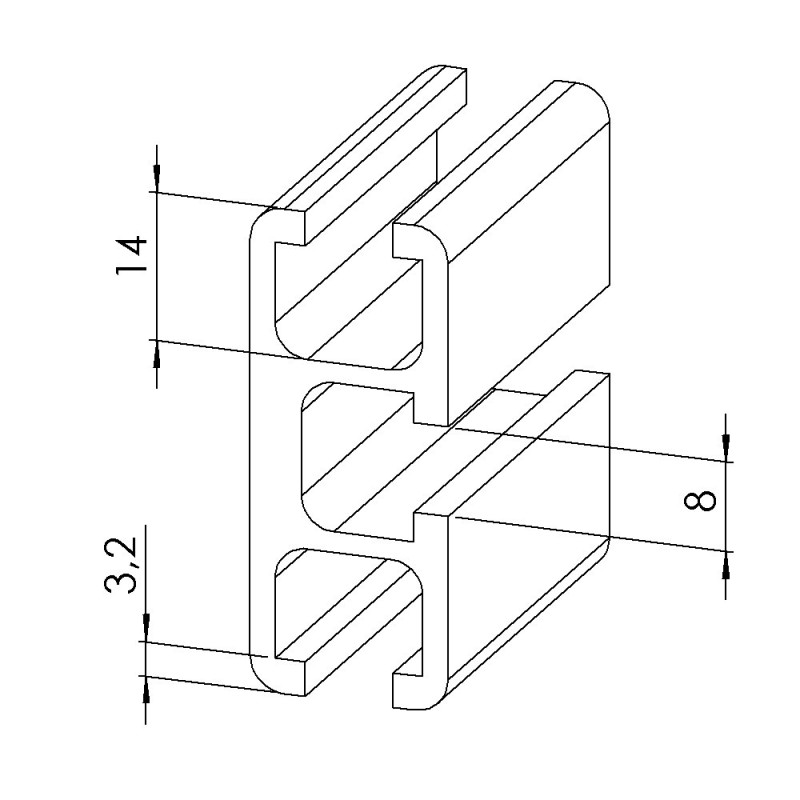Profilé aluminium (Coupe max 6 m) – Rainure 8 mm – 45x18,5 mm - 3 Voies - Léger