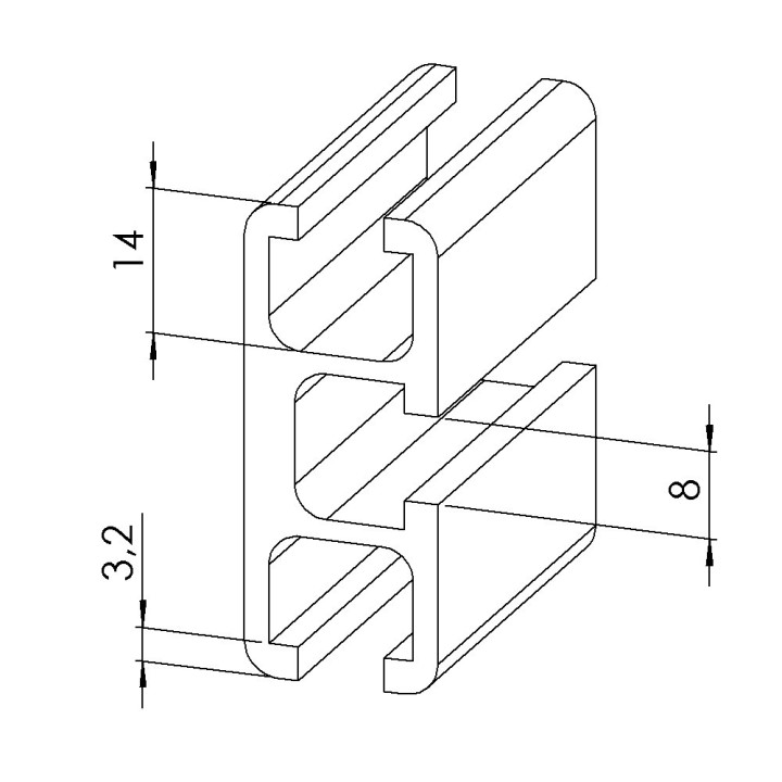 Profilé aluminium (Coupe max 6 m) – Rainure 8 mm – 45x18,5 mm - 3 Voies - Léger