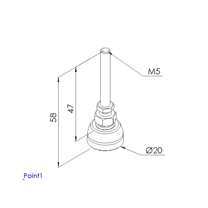 Schéma cotes - Pied profilé aluminium – D20 – M5x58 – PA – Rotule 10 - Elcom shop