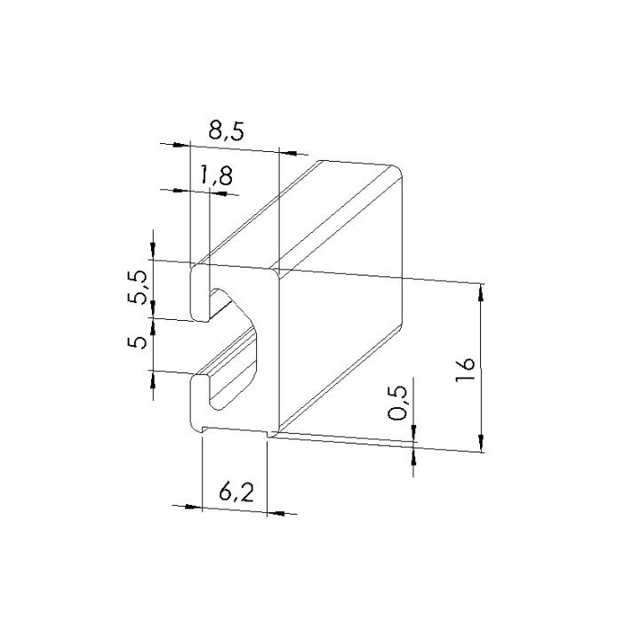 Schéma cotes - Profilé aluminium (Coupe max 3 m) – Rainure 5 mm – Section 16x8,5 mm - Elcom shop