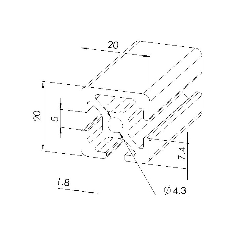 Schéma cotes - Profilé aluminium (Coupe max 3 m) – Rainure 5 mm – Section 20x20 mm - 1N - Elcom shop