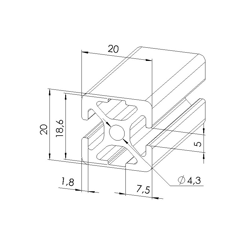Schéma cotes - Profilé aluminium (Coupe max 3 m) – Rainure 5 mm – Section 20x20 mm - 2N180 - Elcom shop