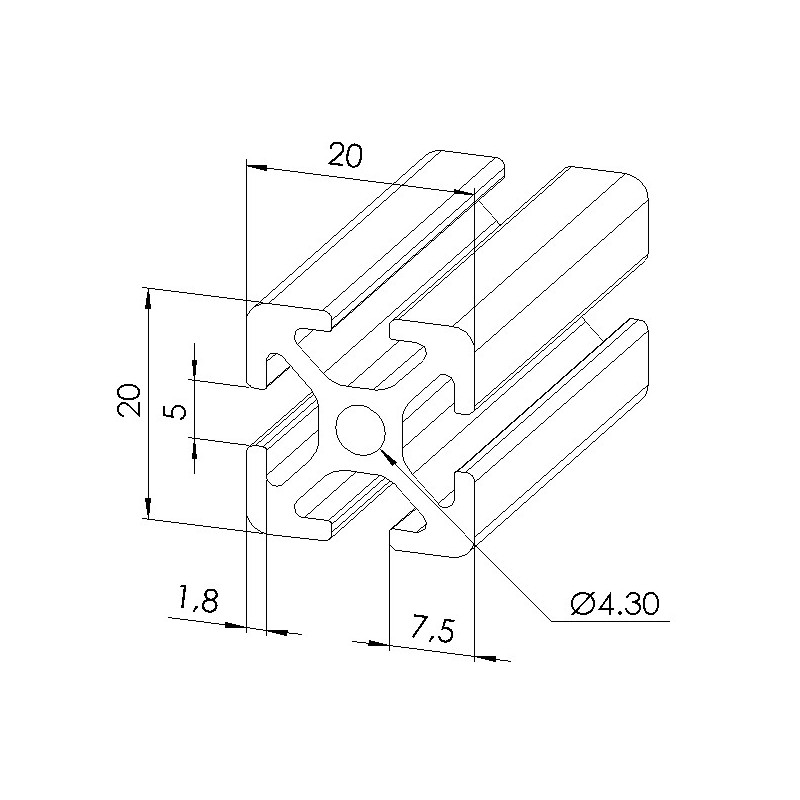 Schéma cotes - Profilé aluminium (Coupe max 3 m) – Rainure 5 mm – Section 20x20 mm - Elcom shop