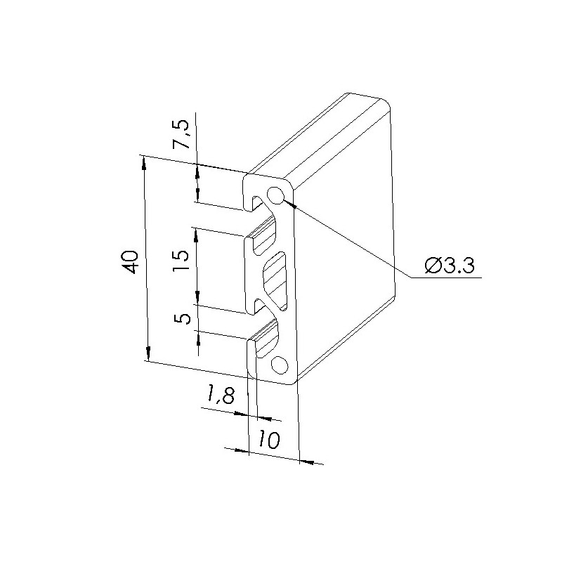 Schéma cotes - Profilé aluminium (Coupe max 3 m) – Rainure 5 mm – Section 40x10 mm - Elcom shop
