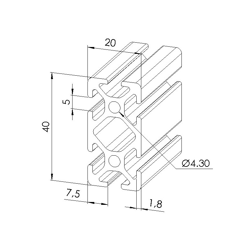 Schéma cotes - Profilé aluminium (Coupe max 3 m) – Rainure 5 mm – Section 40x20 mm - Elcom shop