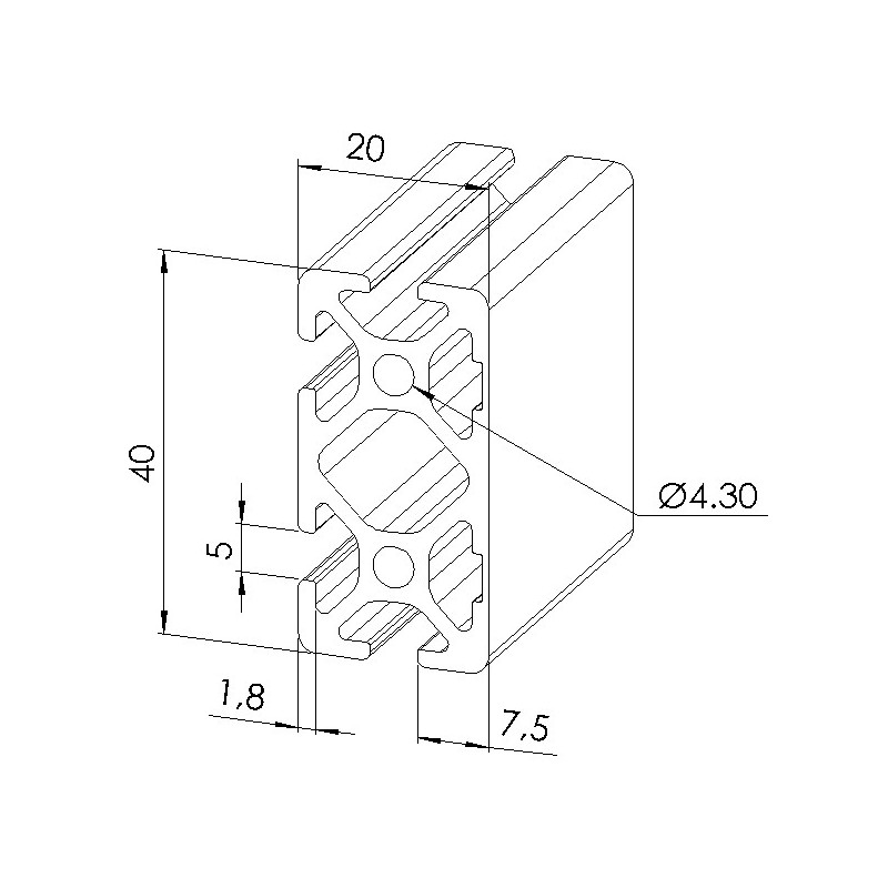 Schéma cotes - Profilé aluminium (Coupe max 3 m) – Rainure 5 mm – Section 40x20 mm - 2N - Elcom shop