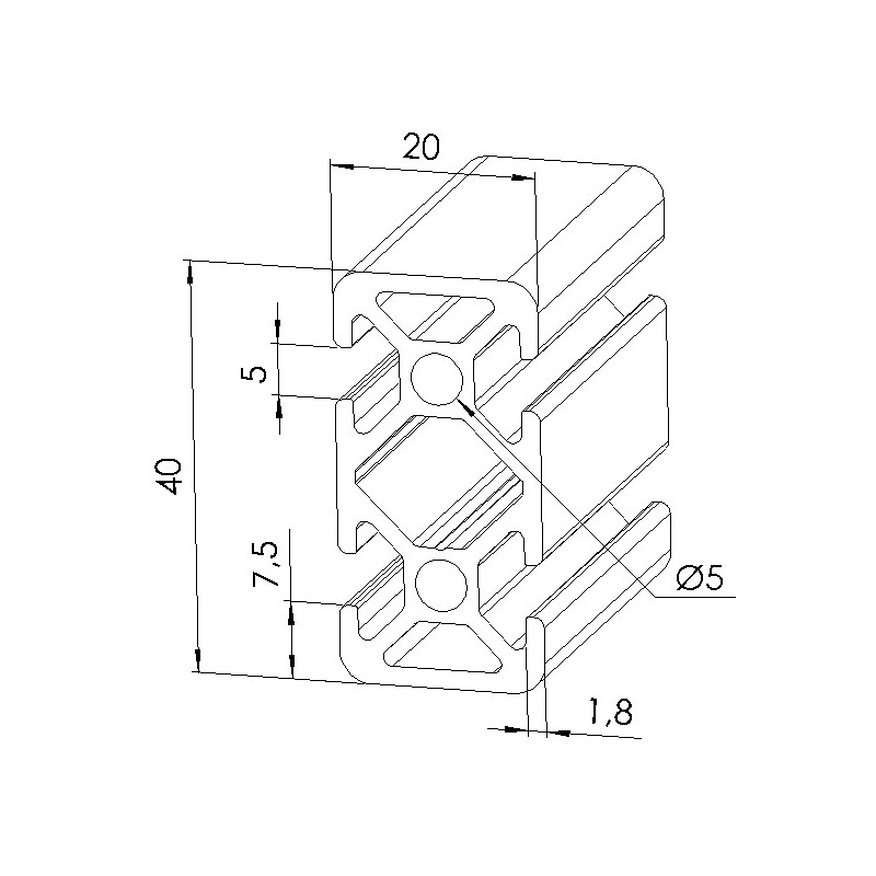 Schéma cotes - Profilé aluminium (Coupe max 3 m) – Rainure 5 mm – Section 40x20 mm - 2N180 - Elcom shop
