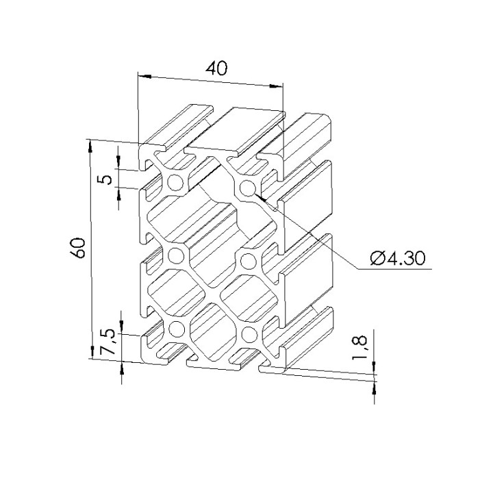Schéma cotes - Profilé aluminium (Coupe max 6 m) – Rainure 5 mm – Section 60x40 mm - Elcom shop