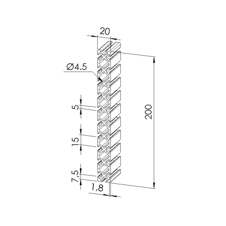 Schéma cotes - Profilé aluminium (Coupe max 3 m) – Rainure 5 mm – Section 200x20 mm - Elcom shop