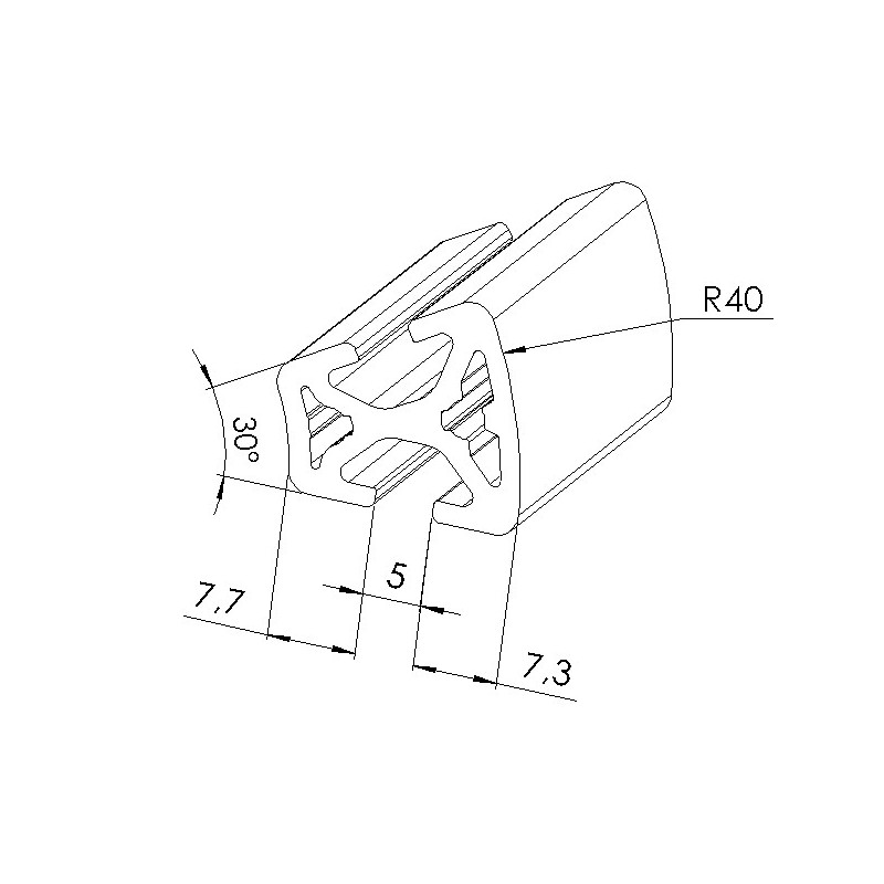 Schéma cotes - Profilé aluminium (Coupe max 3 m) – Rainure 5 mm – Section R20-40-30° - Elcom shop