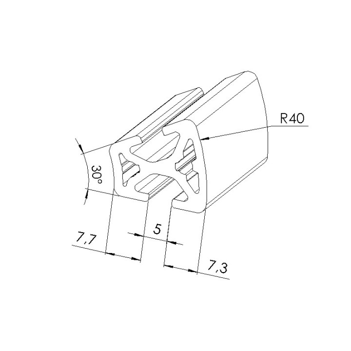 Schéma cotes - Profilé aluminium (Coupe max 3 m) – Rainure 5 mm – Section R20-40-30° - Elcom shop