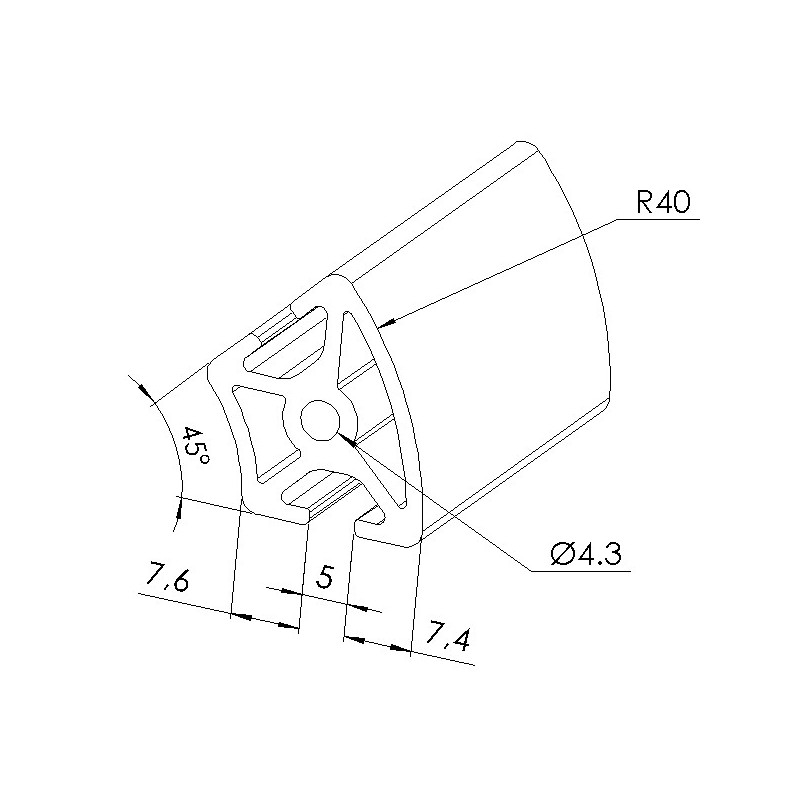 Schéma cotes - Profilé aluminium (Coupe max 3 m) – Rainure 5 mm – Section R20-40-45° - Elcom shop