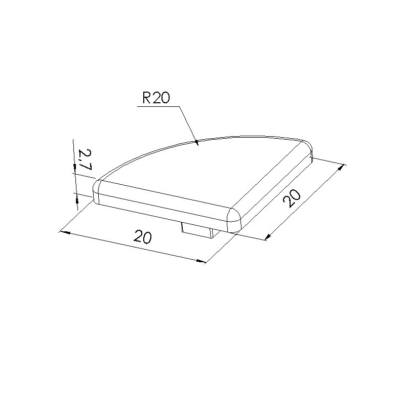 Schéma cotes - Embout profilé aluminium - Rainure 5 mm – Section R20mm - 90° - Elcom shop