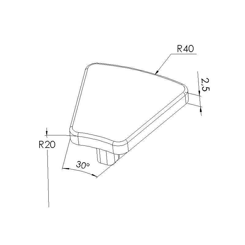 Schéma cotes - Embout profilé aluminium de Rainure 5 mm – Section R20/40mm - 30° - Elcom shop