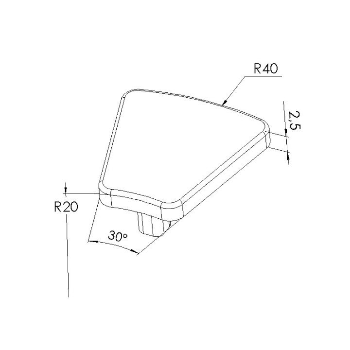 Schéma cotes - Embout profilé aluminium de Rainure 5 mm – Section R20/40mm - 30° - Elcom shop