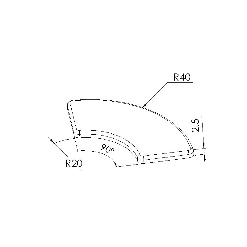 Schéma cotes - Embout profilé aluminium - Rainure 5 mm – Section R20/40 mm - 90° - Elcom shop