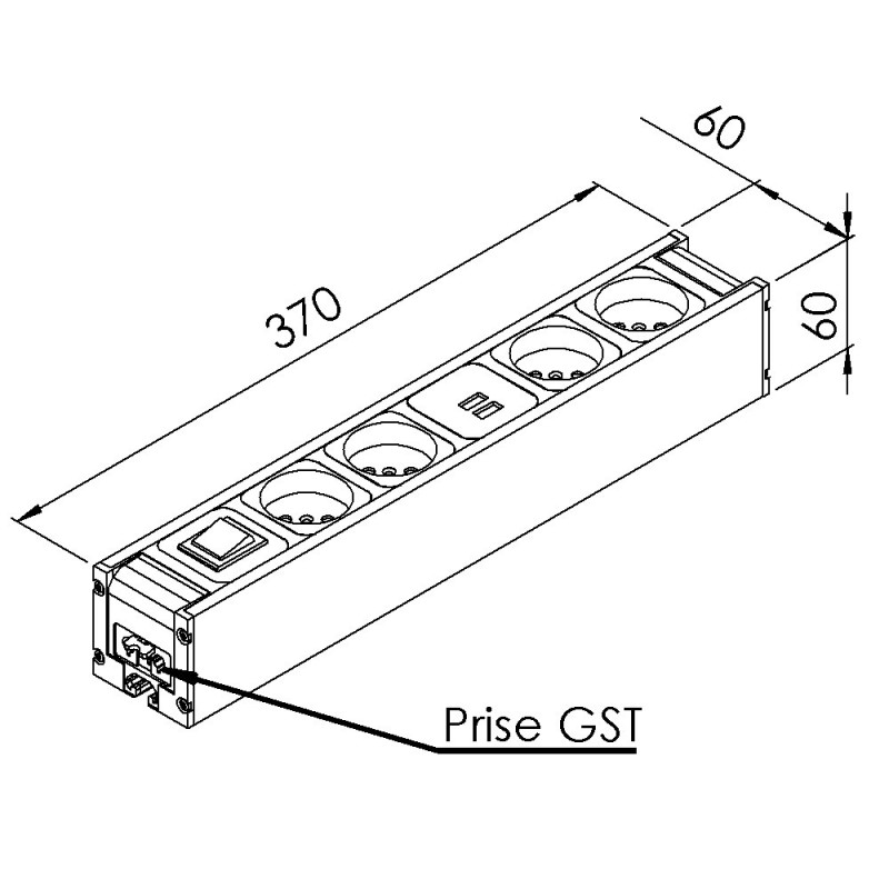 Bloc prise - 8 mm - 370 mm - 1 int - 4 Prises - EU - 2 Prises USB