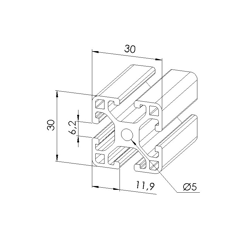 Schéma cotes - Profilé aluminium (Coupe max 6 m) – Rainure 6 mm – Section 30x30 mm - léger - Elcom shop