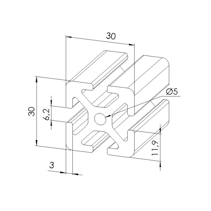 Schéma cotes - Profilé aluminium (Coupe max 6 m) – Rainure 6 mm – Section 30x30 mm - lourd - Elcom shop