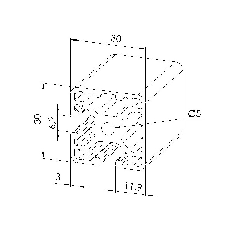 Schéma cotes - Profilé aluminium (Coupe max 6 m) – 6 mm – Section 30x30 mm – 2N90 - Léger - Elcom shop