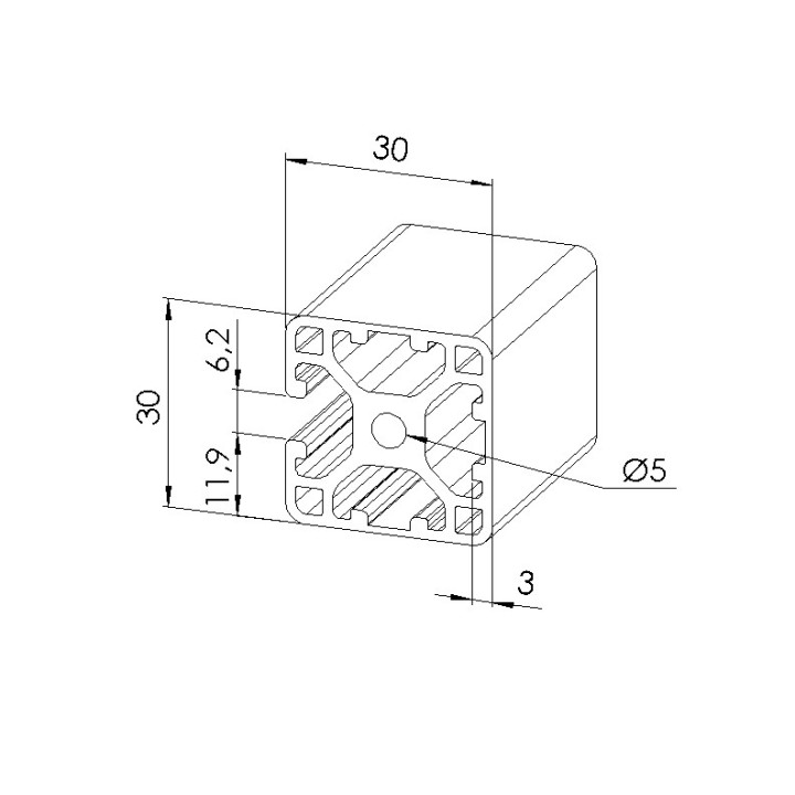 Schéma cotes - Profilé aluminium (Coupe max 6 m) – 6 mm – 30x30 mm – 3N - Léger - Elcom shop