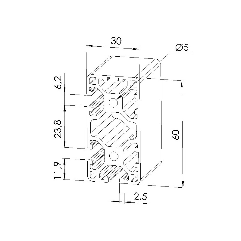 Schéma cotes - Profilé aluminium (Coupe max 6 m) – 6 mm – 60x30 mm - 3N90 - Léger - Elcom shop