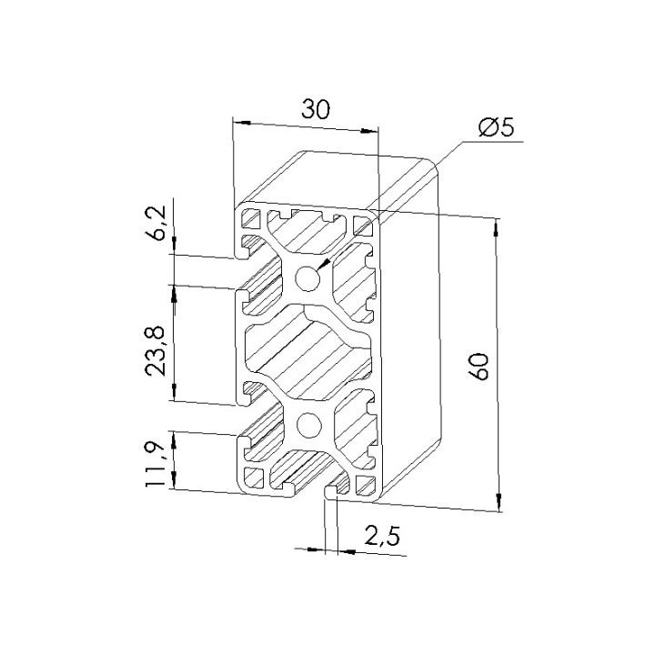 Schéma cotes - Profilé aluminium (Coupe max 6 m) – 6 mm – 60x30 mm - 3N90 - Léger - Elcom shop