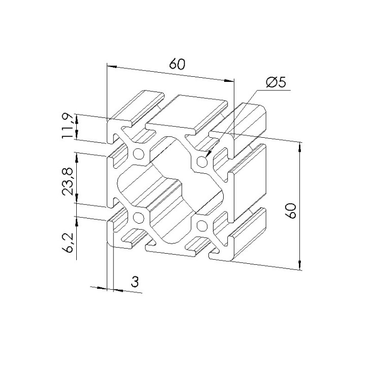 Schéma cotes - Profilé aluminium (Coupe max 6 m) – Rainure 6 mm – Section 60x60 mm – Lourd - Elcom shop