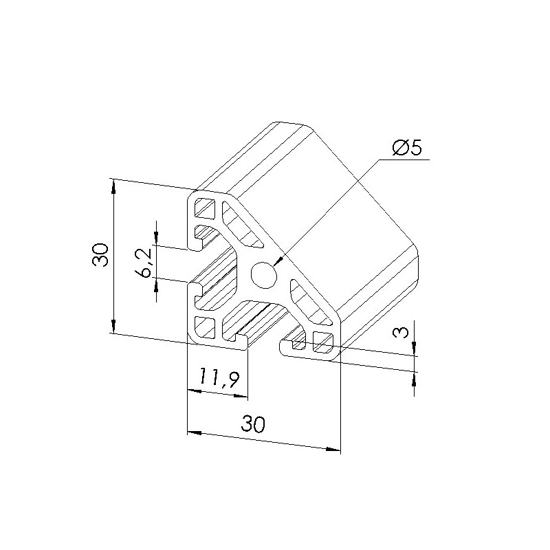 Schéma cotes - Profilé aluminium (Coupe max 3 m) – Rainure 6 mm – R30x30 mm - 45° - Léger - Elcom shop