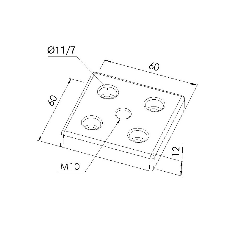 Schéma cotes - Plaque de base profilé aluminium – Section 60x60 mm – Taraudage M10 - Elcom shop