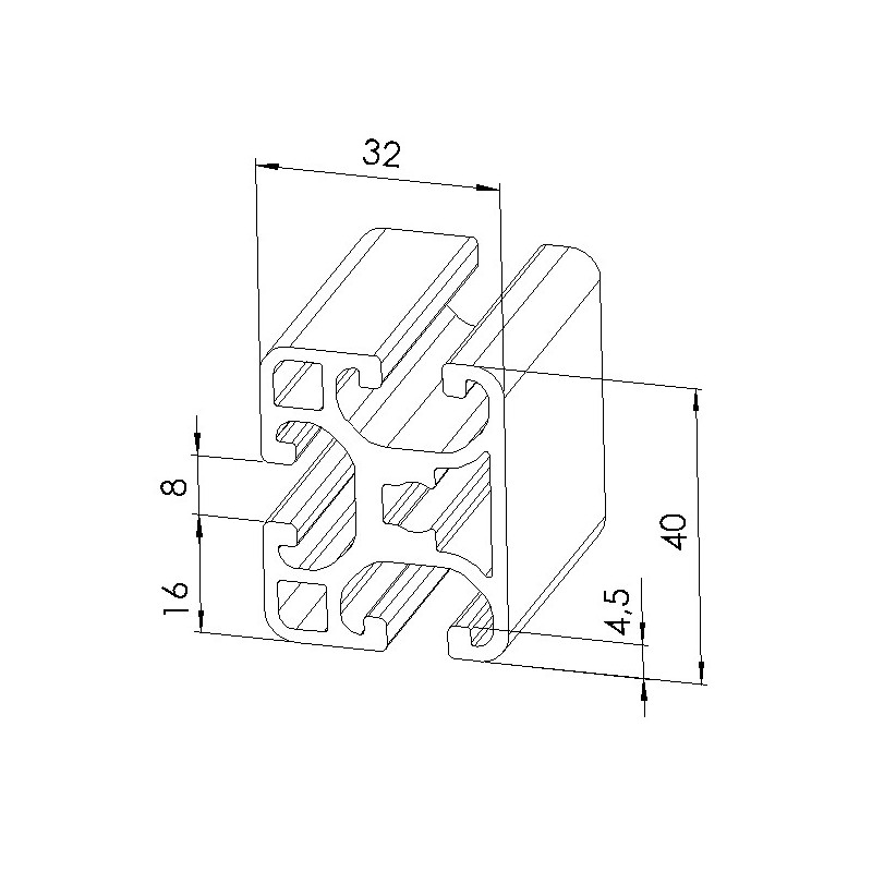 Schéma cotes - Profilé aluminium (Coupe max 6 m) – Rainure 8 mm – Section 40x32 mm - Léger - Elcom shop
