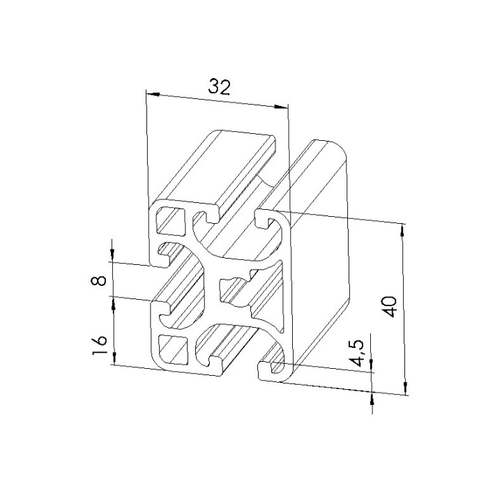 Schéma cotes - Profilé aluminium (Coupe max 6 m) – Rainure 8 mm – Section 40x32 mm - Léger - Elcom shop