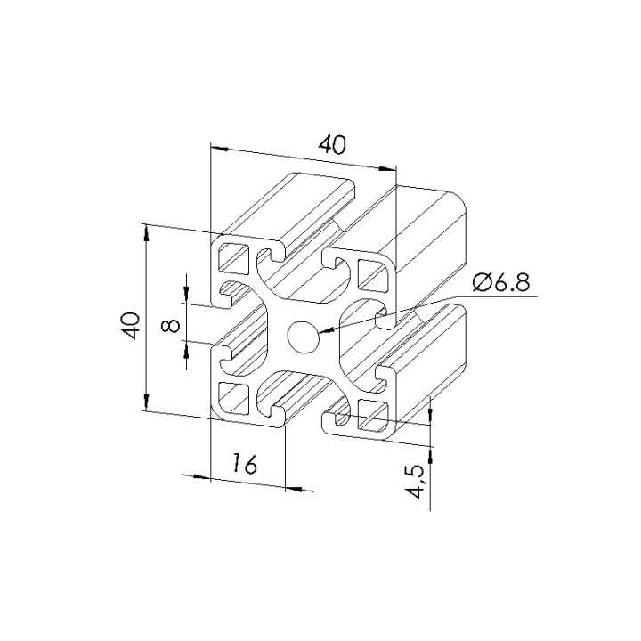 Schéma cotes - Profilé aluminium (Coupe max 6 m) – 8 mm – 40x40 mm – Léger - Noir - Elcom shop