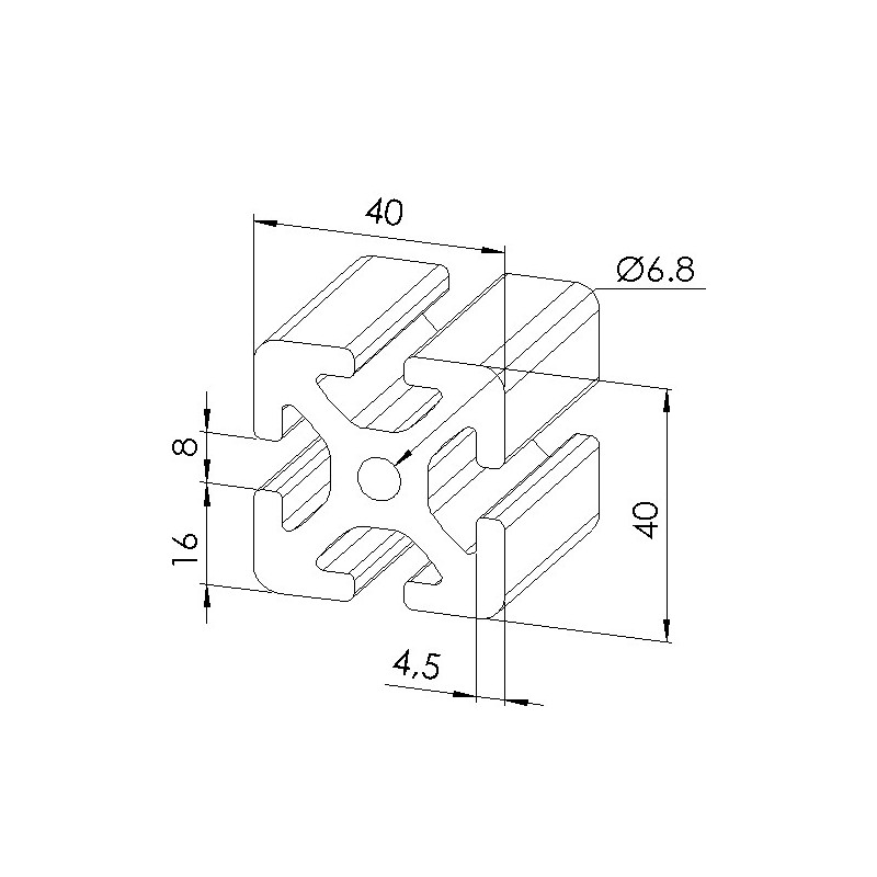 Schéma cotes - Profilé aluminium (Coupe max 6 m) – Rainure 8 mm – Section 40x40 mm - lourd - Elcom shop