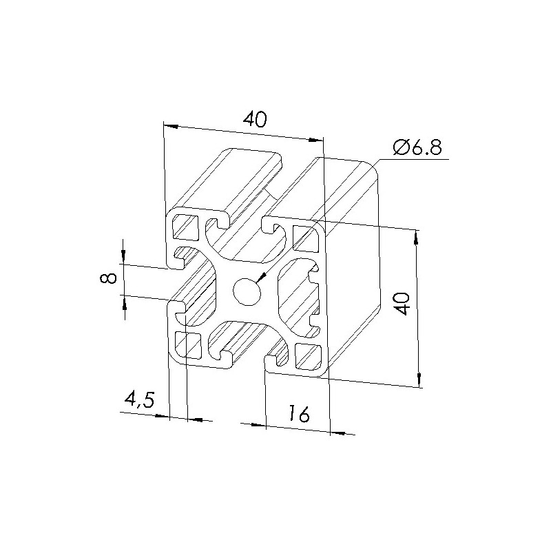 Schéma cotes - Profilé aluminium (Coupe max 6 m) – 8 mm – Section 40x40 mm - 1N - Léger - Elcom shop