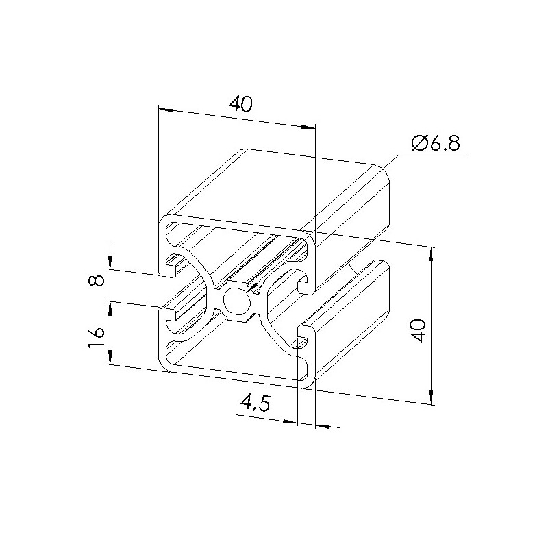 Schéma cotes - Profilé aluminium (Coupe max 6 m) – Rainure 8 mm – 40x40 mm – 2N180 - Economique - Elcom shop