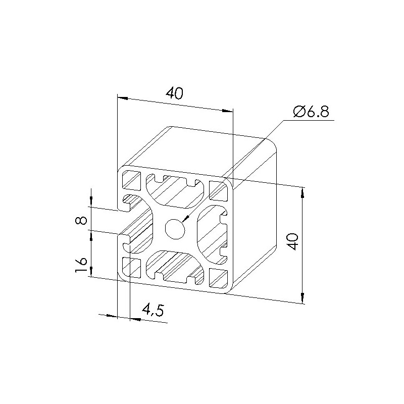 Schéma cotes - Profilé aluminium (Coupe max 6 m) – 8 mm – 40x40 mm – 3N - Léger - Elcom shop