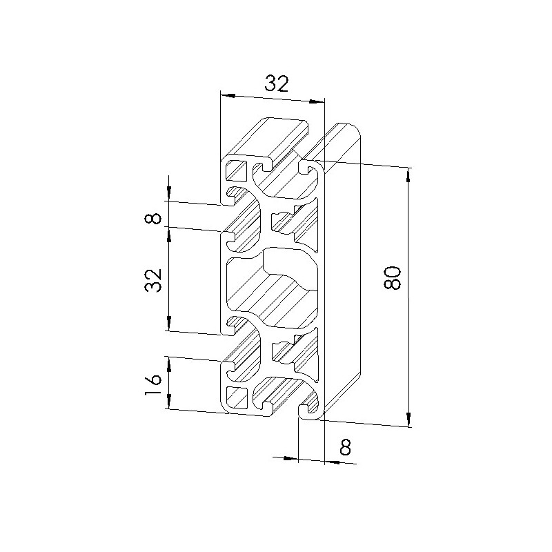 Schéma cotes - Profilé aluminium (Coupe max 6 m) – Rainure 8 mm – Section 80x32 mm - Léger - Elcom shop